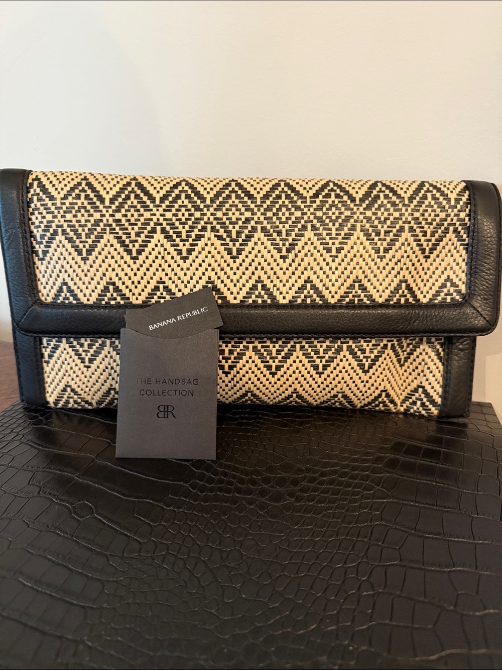 Banana Republic Black and Natural Woven Envelope Clutch